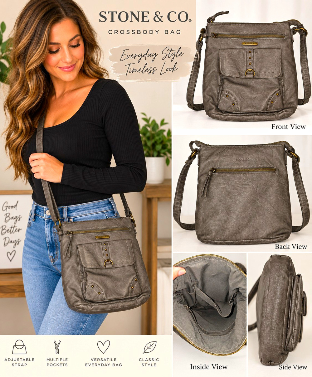 Stone & Co Gray Crossbody Bag Purse Adjustable Strap Studded Pocket 69892-KO